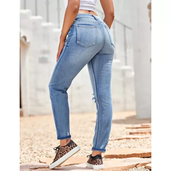 GRAPENT Womens Casual High Waisted Mom Jeans Ripped Stretchy Tapered Denim PantsHawaii Ocean Blue