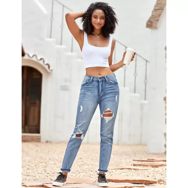 GRAPENT Womens Casual High Waisted Mom Jeans Ripped Stretchy Tapered Denim PantsHawaii Ocean Blue