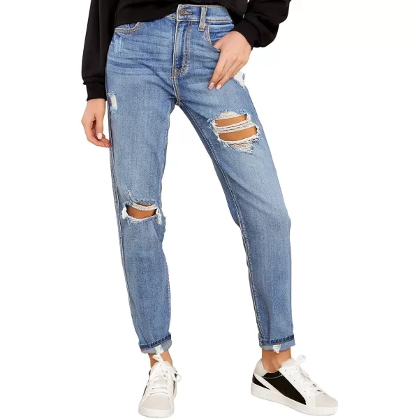 GRAPENT Womens Casual High Waisted Mom Jeans Ripped Stretchy Tapered Denim PantsHawaii Ocean Blue
