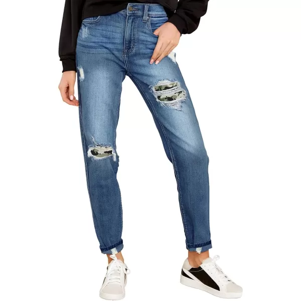 GRAPENT Womens Casual High Waisted Mom Jeans Ripped Stretchy Tapered Denim PantsLapis Air Blue