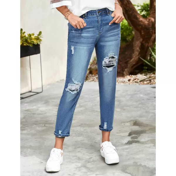 GRAPENT Womens Casual High Waisted Mom Jeans Ripped Stretchy Tapered Denim PantsLapis Air Blue