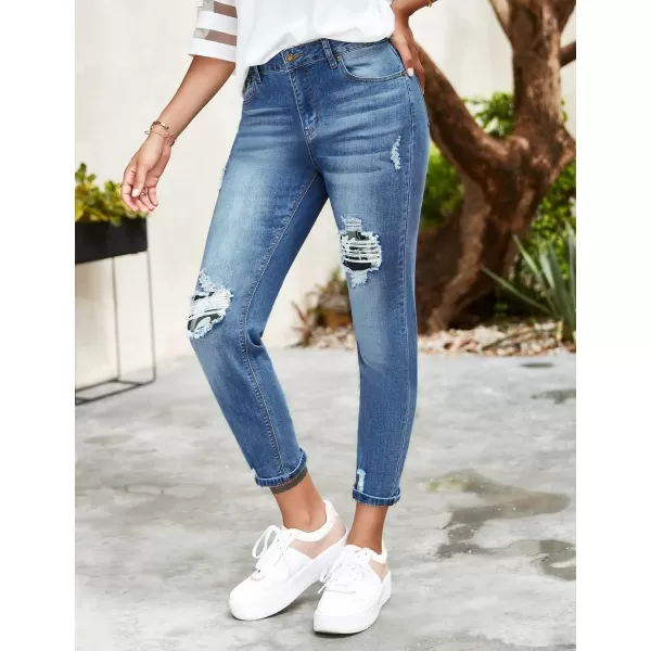 GRAPENT Womens Casual High Waisted Mom Jeans Ripped Stretchy Tapered Denim PantsLapis Air Blue