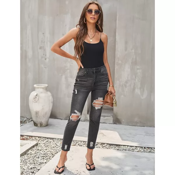 GRAPENT Womens Casual High Waisted Mom Jeans Ripped Stretchy Tapered Denim PantsPebble Grey