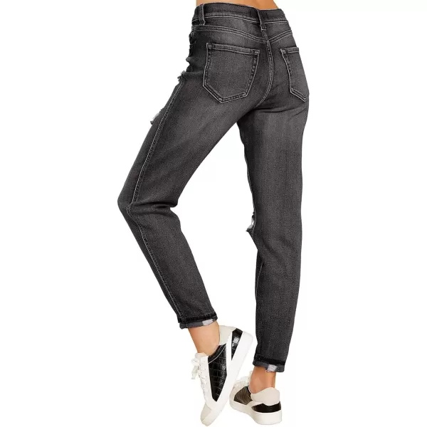 GRAPENT Womens Casual High Waisted Mom Jeans Ripped Stretchy Tapered Denim PantsPebble Grey