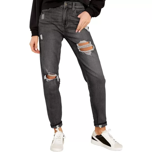 GRAPENT Womens Casual High Waisted Mom Jeans Ripped Stretchy Tapered Denim PantsPebble Grey