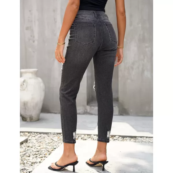 GRAPENT Womens Casual High Waisted Mom Jeans Ripped Stretchy Tapered Denim PantsPebble Grey