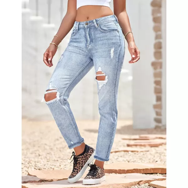 GRAPENT Womens Casual High Waisted Mom Jeans Ripped Stretchy Tapered Denim PantsRoadknight Blue Snow Wash