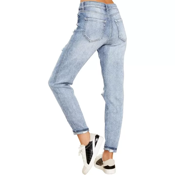 GRAPENT Womens Casual High Waisted Mom Jeans Ripped Stretchy Tapered Denim PantsRoadknight Blue Snow Wash