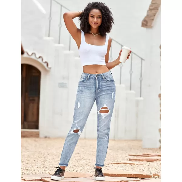 GRAPENT Womens Casual High Waisted Mom Jeans Ripped Stretchy Tapered Denim PantsRoadknight Blue Snow Wash