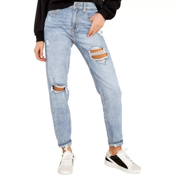 GRAPENT Womens Casual High Waisted Mom Jeans Ripped Stretchy Tapered Denim PantsRoadknight Blue Snow Wash