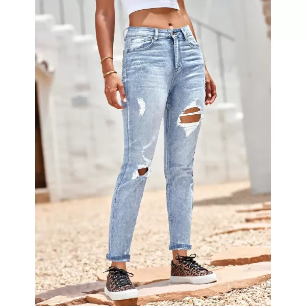 GRAPENT Womens Casual High Waisted Mom Jeans Ripped Stretchy Tapered Denim PantsRoadknight Blue Snow Wash