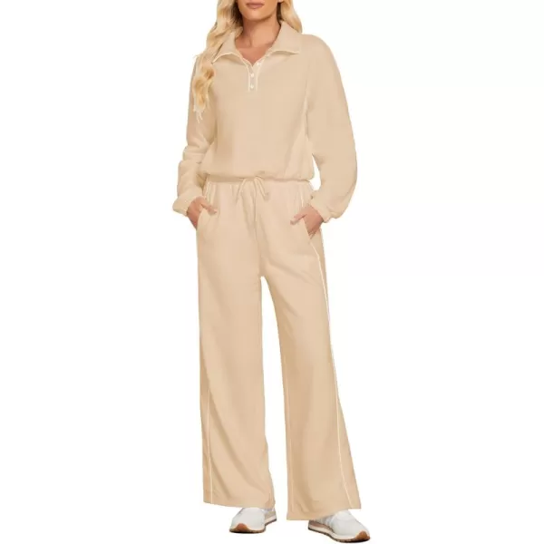 GRAPENT Sweatsuits Two Piece Sets for Women High Wasited Wide Leg Pants Fleece Button Pullover Sweatshirt Lounge OutfitsBeige