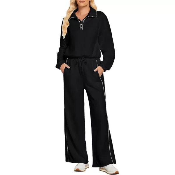 GRAPENT Sweatsuits Two Piece Sets for Women High Wasited Wide Leg Pants Fleece Button Pullover Sweatshirt Lounge OutfitsBlack