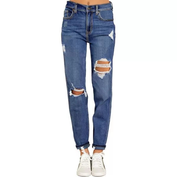 GRAPENT Womens Casual High Waisted Mom Jeans Ripped Stretchy Tapered Denim PantsAstro Indigo Blue