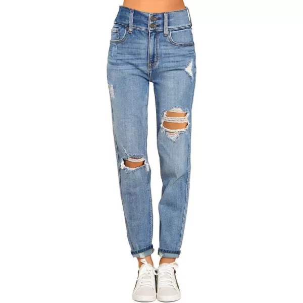 GRAPENT Womens Casual High Waisted Mom Jeans Ripped Stretchy Tapered Denim PantsFront 2 Buttonshawaii Ocean Blue