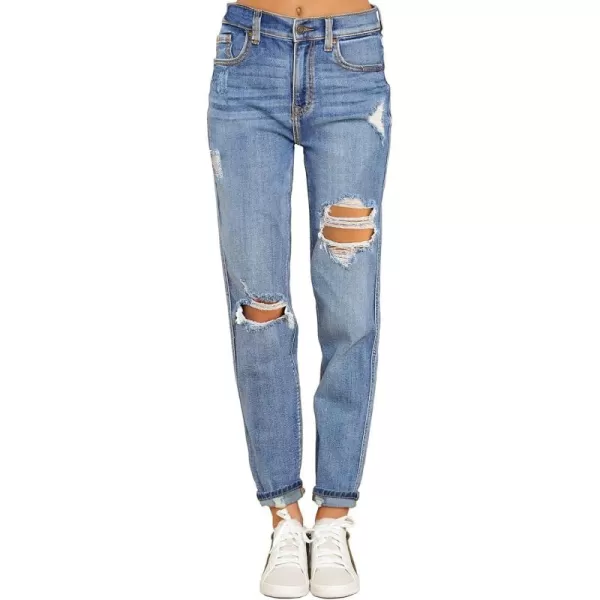 GRAPENT Womens Casual High Waisted Mom Jeans Ripped Stretchy Tapered Denim PantsHawaii Ocean Blue