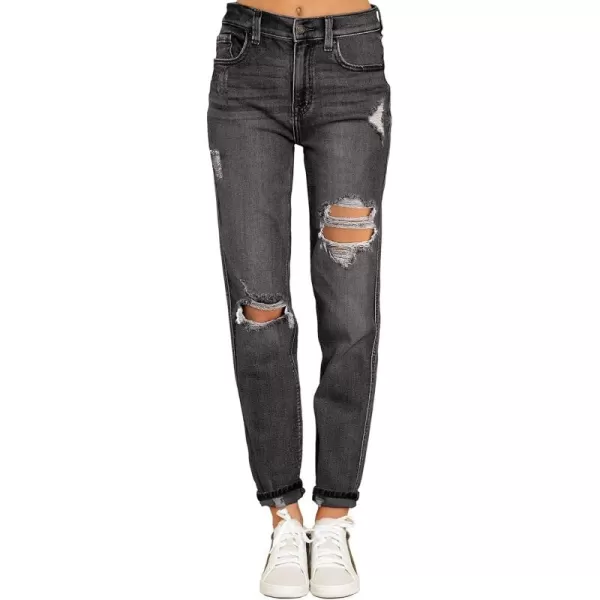 GRAPENT Womens Casual High Waisted Mom Jeans Ripped Stretchy Tapered Denim PantsPebble Grey