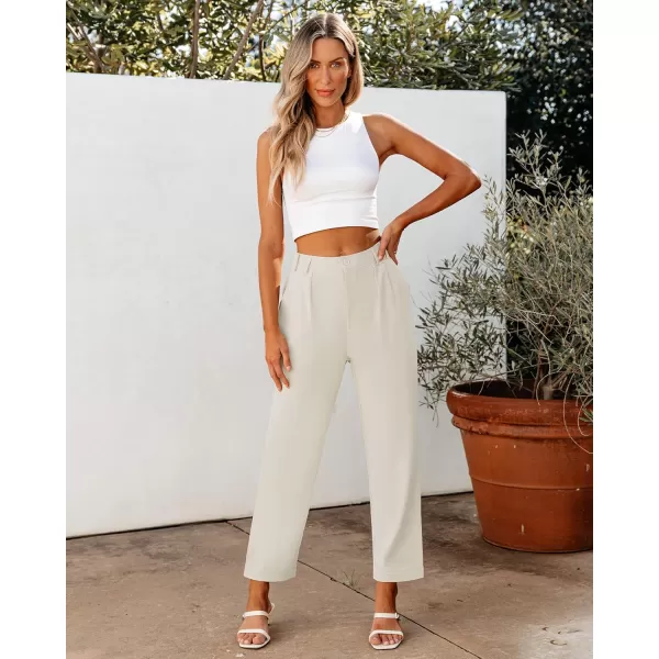 imageGRAPENT Capri Dress Pants for Women High Waisted Pleated Lightweight Straight Leg Elastic Wasit Crop Trousers Work PantsBeige