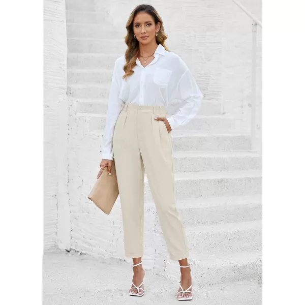 imageGRAPENT Capri Dress Pants for Women High Waisted Pleated Lightweight Straight Leg Elastic Wasit Crop Trousers Work PantsBeige