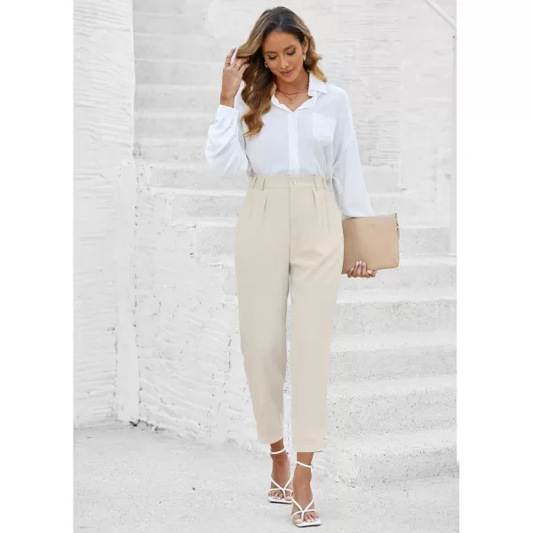 imageGRAPENT Capri Dress Pants for Women High Waisted Pleated Lightweight Straight Leg Elastic Wasit Crop Trousers Work PantsBeige