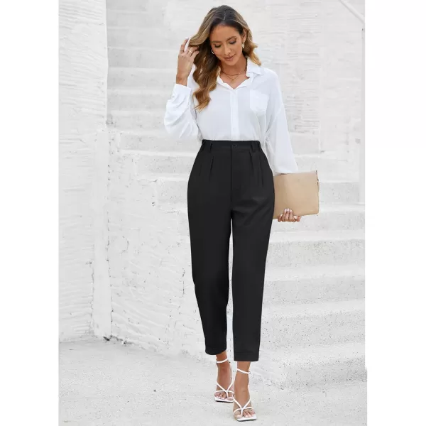 imageGRAPENT Capri Dress Pants for Women High Waisted Pleated Lightweight Straight Leg Elastic Wasit Crop Trousers Work PantsBlack