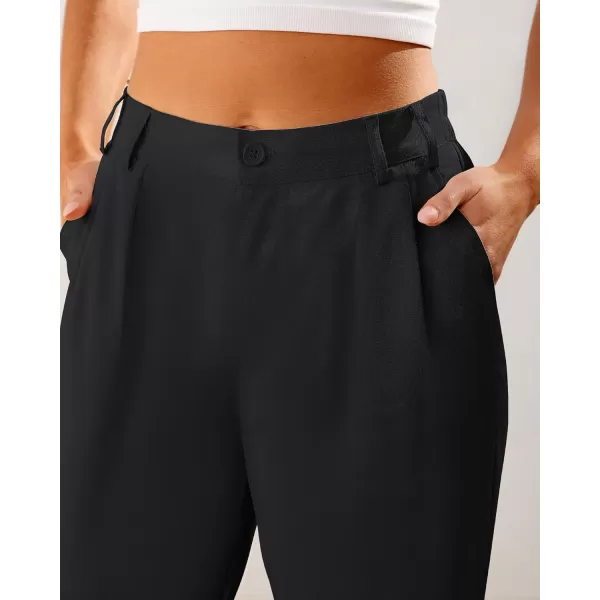 imageGRAPENT Capri Dress Pants for Women High Waisted Pleated Lightweight Straight Leg Elastic Wasit Crop Trousers Work PantsBlack