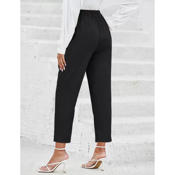 imageGRAPENT Capri Dress Pants for Women High Waisted Pleated Lightweight Straight Leg Elastic Wasit Crop Trousers Work PantsBlack