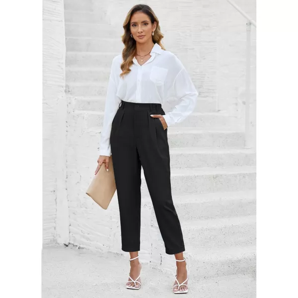 imageGRAPENT Capri Dress Pants for Women High Waisted Pleated Lightweight Straight Leg Elastic Wasit Crop Trousers Work PantsBlack