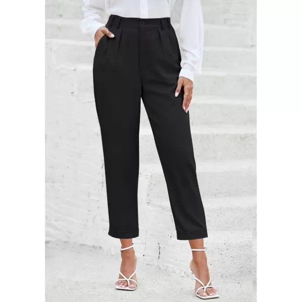 imageGRAPENT Capri Dress Pants for Women High Waisted Pleated Lightweight Straight Leg Elastic Wasit Crop Trousers Work PantsBlack