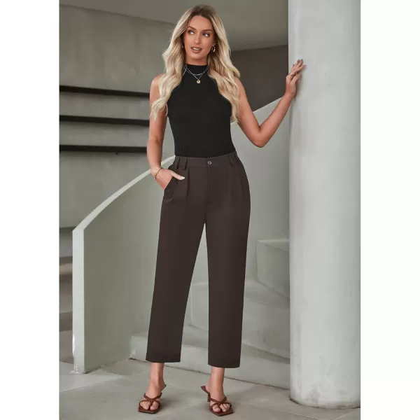 imageGRAPENT Capri Dress Pants for Women High Waisted Pleated Lightweight Straight Leg Elastic Wasit Crop Trousers Work PantsChocolate Brown