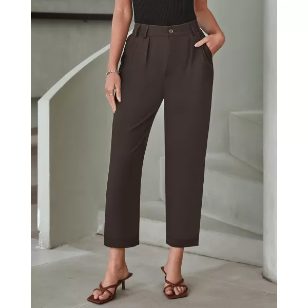 imageGRAPENT Capri Dress Pants for Women High Waisted Pleated Lightweight Straight Leg Elastic Wasit Crop Trousers Work PantsChocolate Brown