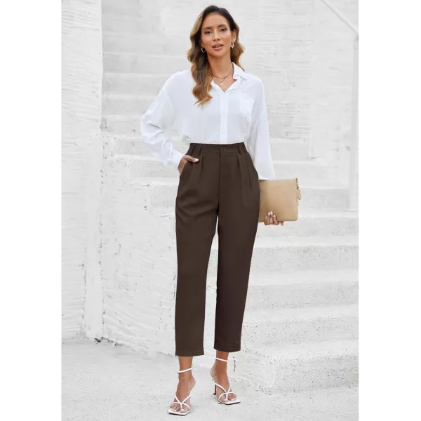 imageGRAPENT Capri Dress Pants for Women High Waisted Pleated Lightweight Straight Leg Elastic Wasit Crop Trousers Work PantsChocolate Brown