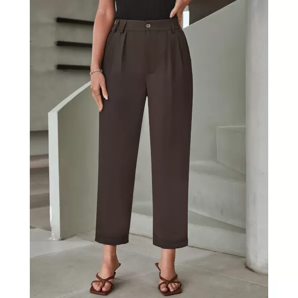 imageGRAPENT Capri Dress Pants for Women High Waisted Pleated Lightweight Straight Leg Elastic Wasit Crop Trousers Work PantsChocolate Brown