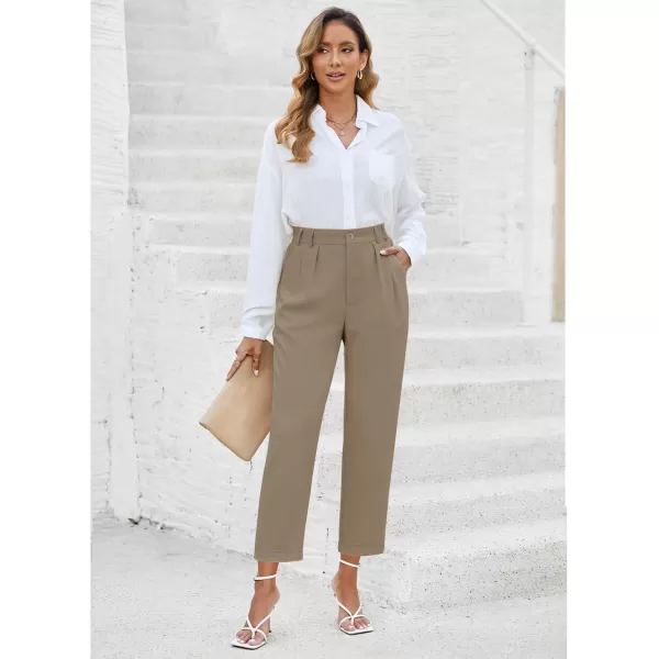 imageGRAPENT Capri Dress Pants for Women High Waisted Pleated Lightweight Straight Leg Elastic Wasit Crop Trousers Work PantsKhaki