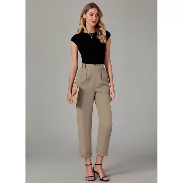 imageGRAPENT Capri Dress Pants for Women High Waisted Pleated Lightweight Straight Leg Elastic Wasit Crop Trousers Work PantsKhaki