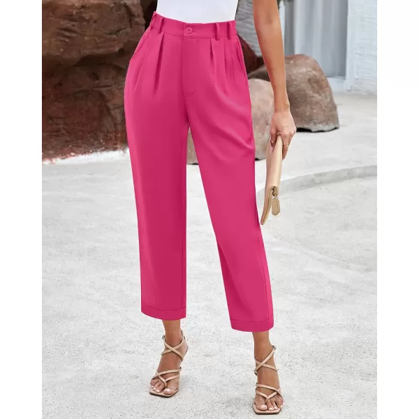 imageGRAPENT Capri Dress Pants for Women High Waisted Pleated Lightweight Straight Leg Elastic Wasit Crop Trousers Work PantsMagenta