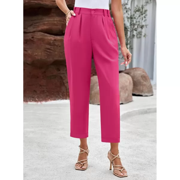 imageGRAPENT Capri Dress Pants for Women High Waisted Pleated Lightweight Straight Leg Elastic Wasit Crop Trousers Work PantsMagenta