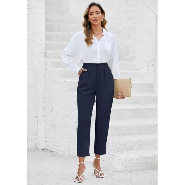 imageGRAPENT Capri Dress Pants for Women High Waisted Pleated Lightweight Straight Leg Elastic Wasit Crop Trousers Work PantsNavy Blue