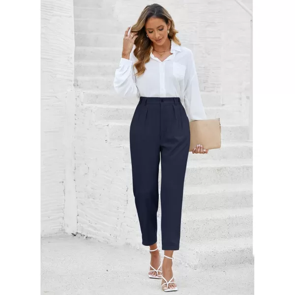 imageGRAPENT Capri Dress Pants for Women High Waisted Pleated Lightweight Straight Leg Elastic Wasit Crop Trousers Work PantsNavy Blue