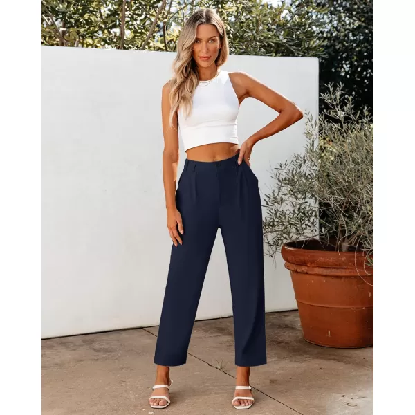 imageGRAPENT Capri Dress Pants for Women High Waisted Pleated Lightweight Straight Leg Elastic Wasit Crop Trousers Work PantsNavy Blue