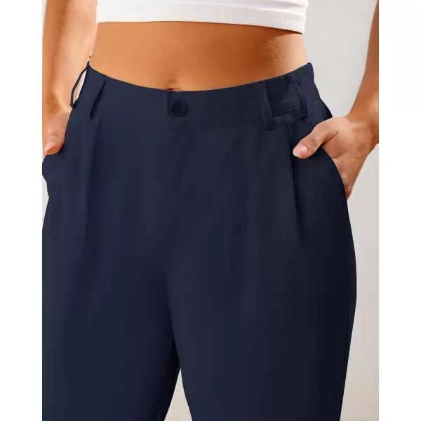 imageGRAPENT Capri Dress Pants for Women High Waisted Pleated Lightweight Straight Leg Elastic Wasit Crop Trousers Work PantsNavy Blue