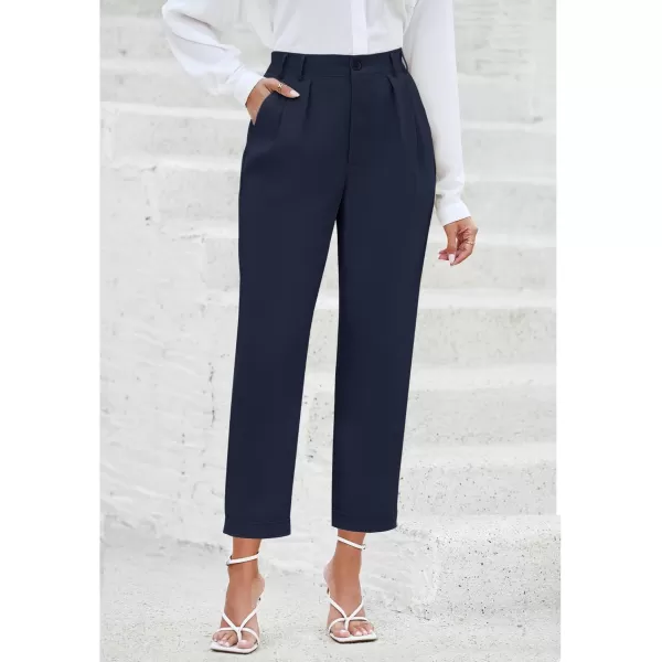 imageGRAPENT Capri Dress Pants for Women High Waisted Pleated Lightweight Straight Leg Elastic Wasit Crop Trousers Work PantsNavy Blue