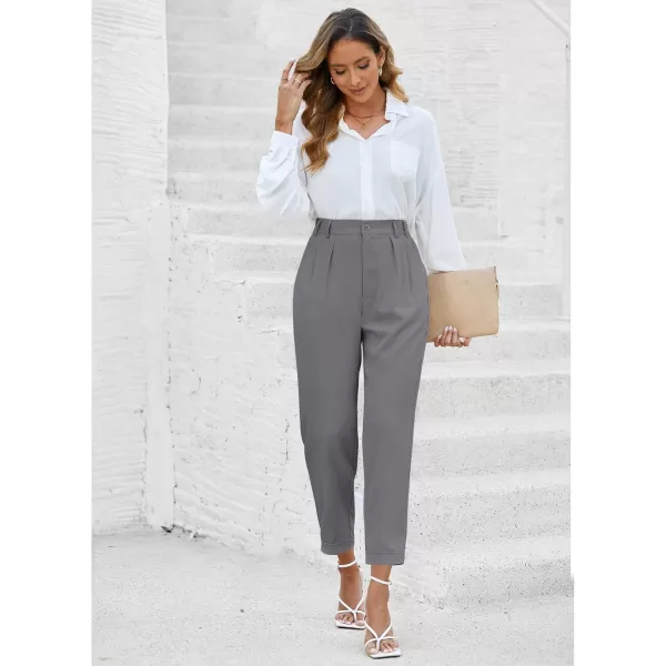 imageGRAPENT Capri Dress Pants for Women High Waisted Pleated Lightweight Straight Leg Elastic Wasit Crop Trousers Work PantsTitanium Gray