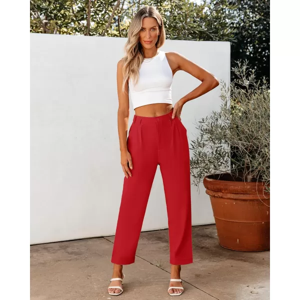imageGRAPENT Capri Dress Pants for Women High Waisted Pleated Lightweight Straight Leg Elastic Wasit Crop Trousers Work PantsTrue Red