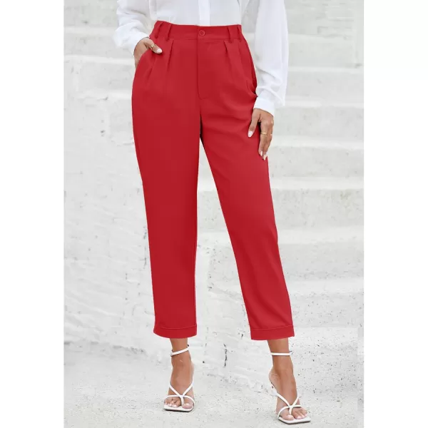 imageGRAPENT Capri Dress Pants for Women High Waisted Pleated Lightweight Straight Leg Elastic Wasit Crop Trousers Work PantsTrue Red