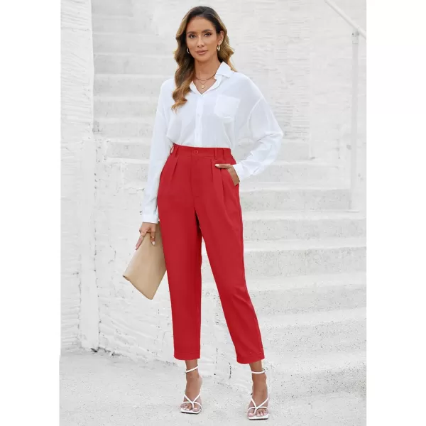 imageGRAPENT Capri Dress Pants for Women High Waisted Pleated Lightweight Straight Leg Elastic Wasit Crop Trousers Work PantsTrue Red