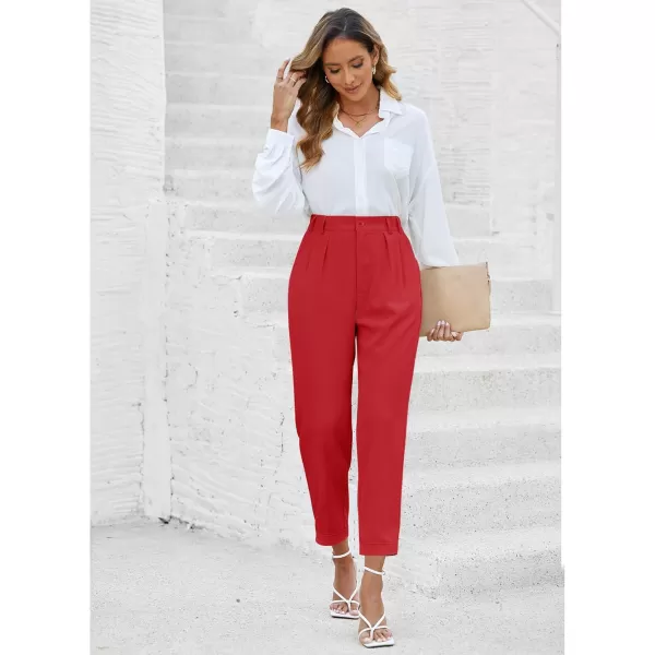 imageGRAPENT Capri Dress Pants for Women High Waisted Pleated Lightweight Straight Leg Elastic Wasit Crop Trousers Work PantsTrue Red
