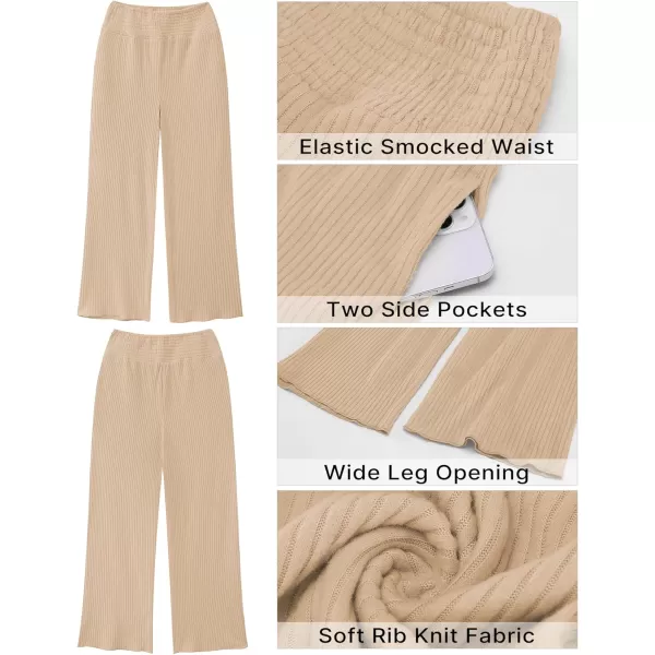 imageGRAPENT Ribbed Wide Leg Pants Woman High Waisted Pull On Lounge Fleece Knit Fall Smocked Elastic Waist Pants with PocketBeige