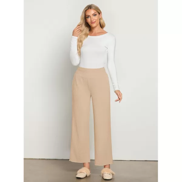 imageGRAPENT Ribbed Wide Leg Pants Woman High Waisted Pull On Lounge Fleece Knit Fall Smocked Elastic Waist Pants with PocketBeige