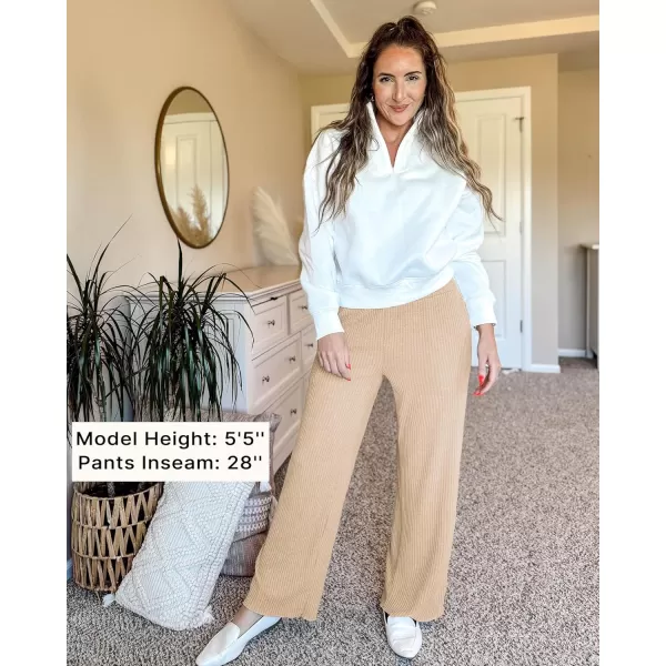 imageGRAPENT Ribbed Wide Leg Pants Woman High Waisted Pull On Lounge Fleece Knit Fall Smocked Elastic Waist Pants with PocketBeige